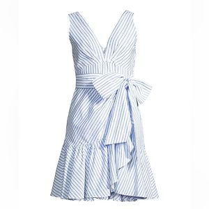 REBECCA TAYLOR Blue & White striped V-neck faux wrap sleeveless dress ruffles